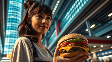 young woman eating hamburger