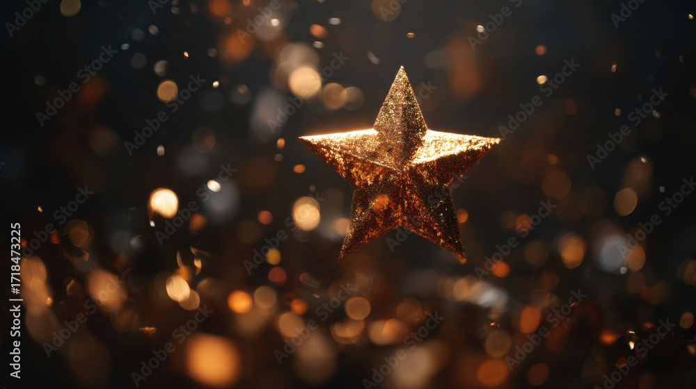 Poster shimmering golden star sparkles amidst backdrop of soft bokeh lights, creating magical and festive a