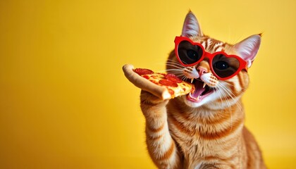 Playful cat wearing heart-shaped sunglasses devours slice of pepperoni pizza against vibrant yellow background. Whimsical feline enjoys tasty treat, funny, adorable expression with bright, cheerful