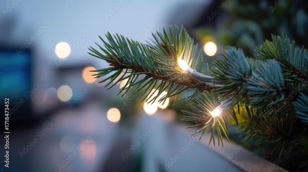 Poster close up view of pine branch adorned with warm white lights, creating cozy and festive atmosphere. b