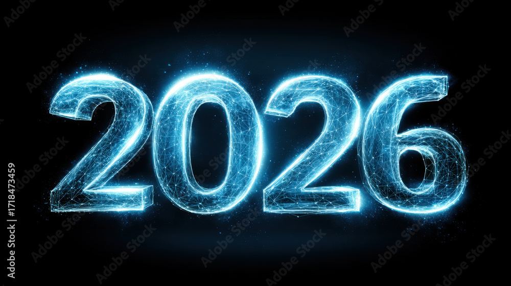 Poster glowing digital numbers representing year 2026, created with network of light and energy, symbolizin