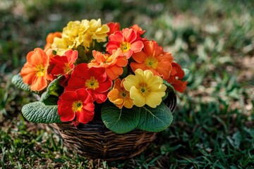 Colorful primula flowers in a basket.