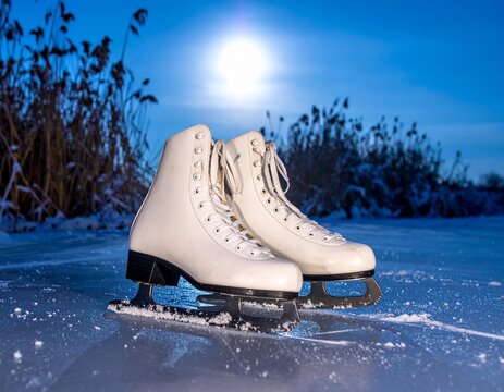 Classic white ice skates sit on a frozen lake surface during a serene winter evening
