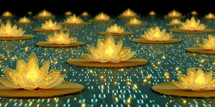 Golden Lotus Array with Binary Code on Water Surface, Digital Enlightenment Concept for Tech Spirituality, Symmetrical Layout with Energy Particles, Mystical and Technological Fusion