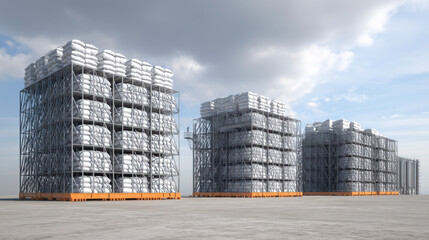 Large industrial storage racks filled with white bags are arranged in warehouse setting under cloudy sky. scene conveys sense of organization and efficiency in inventory management