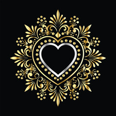 Wedding icon with heart and flower. Vector illustration on black background.