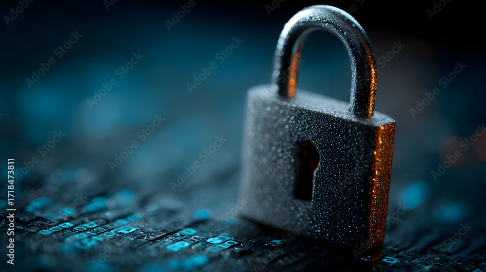 Poster digital padlock on abstract cyber security technology blue background with binary code