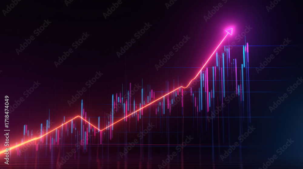 Poster colorful graph showing upward trend with glowing lines and arrows, representing growth and success i