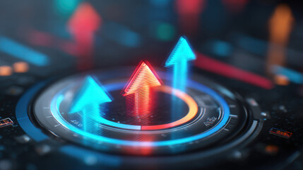 Digital arrows representing growth and progress, set against futuristic background with vibrant colors and glowing effects, conveying sense of innovation and technology