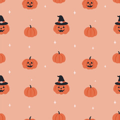 Halloween seamless pattern with pumpkin monsters. Cute background for Halloween party fabric or kids stuff. Vector illustration 