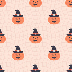 Halloween seamless pattern with pumpkin monsters. Cute background for Halloween party fabric or kids stuff. Vector illustration 