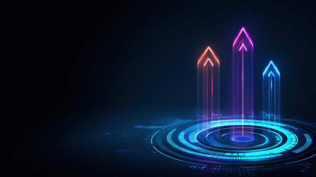 Futuristic digital arrows represent growth and progress, illuminated in vibrant colors against dark background. design conveys innovation and technology, ideal for business and finance themes - Powered by Adobe