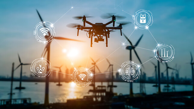Drone flying over wind turbines with digital icons representing connectivity and data analytics in a renewable energy setting