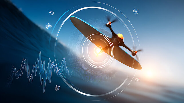 Drone flying over ocean with digital interface and data visualization overlay