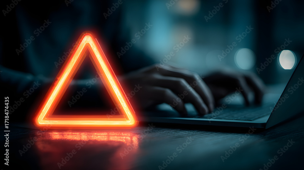Poster cyber security alert it programmer using laptop with caution warning sign virus detection concept
