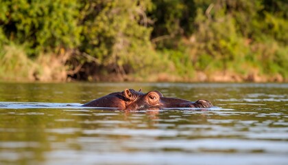 Fototapeta premium Hippopotamus partially submerged in calm water