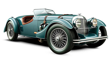 Teal antique convertible car with leather seats isolated on a transparent background