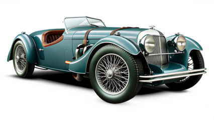 Teal antique convertible car with leather seats isolated on a transparent background