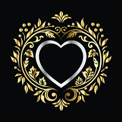 Wedding icon with heart and flower. Vector illustration on black background.