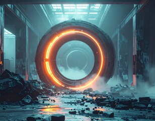Futuristic ring in a ruined industrial space