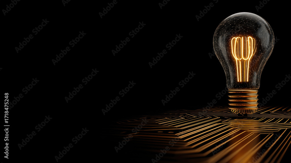 Poster glowing light bulb sits on circuit board, symbolizing innovation and technology. intricate patterns 