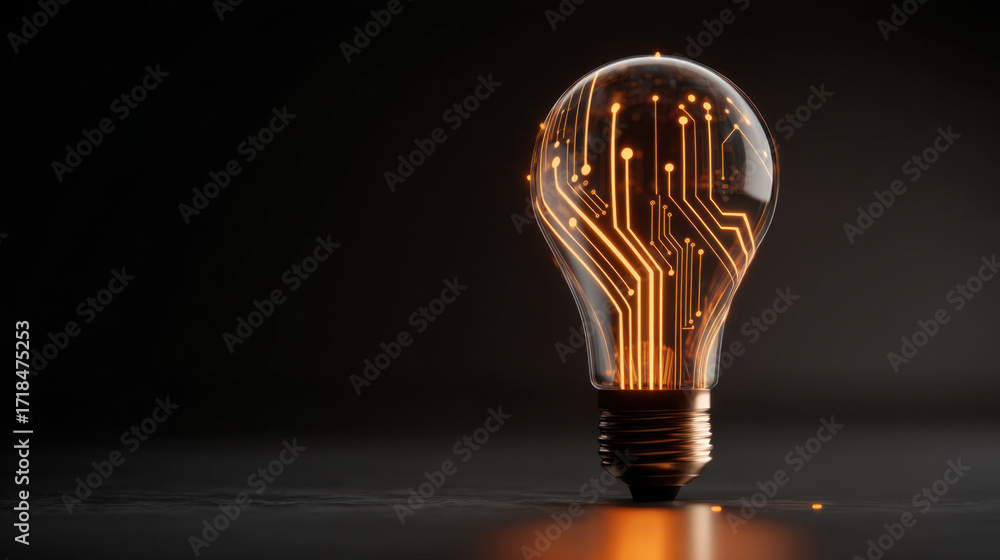 Poster glowing light bulb with circuit board design inside, symbolizing innovation and technology. warm ora