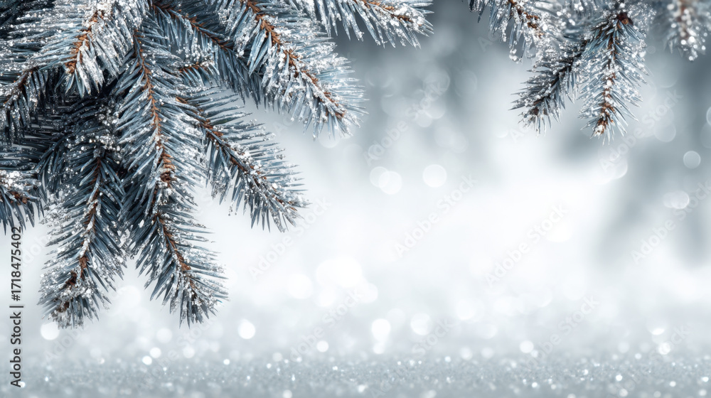 Poster frosted pine branches create serene winter scene, adorned with shimmering frost and soft bokeh light