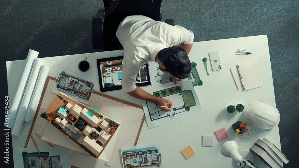 Poster top view of project manager writing house idea on sticky notes while looking plan at tablet. aerial 