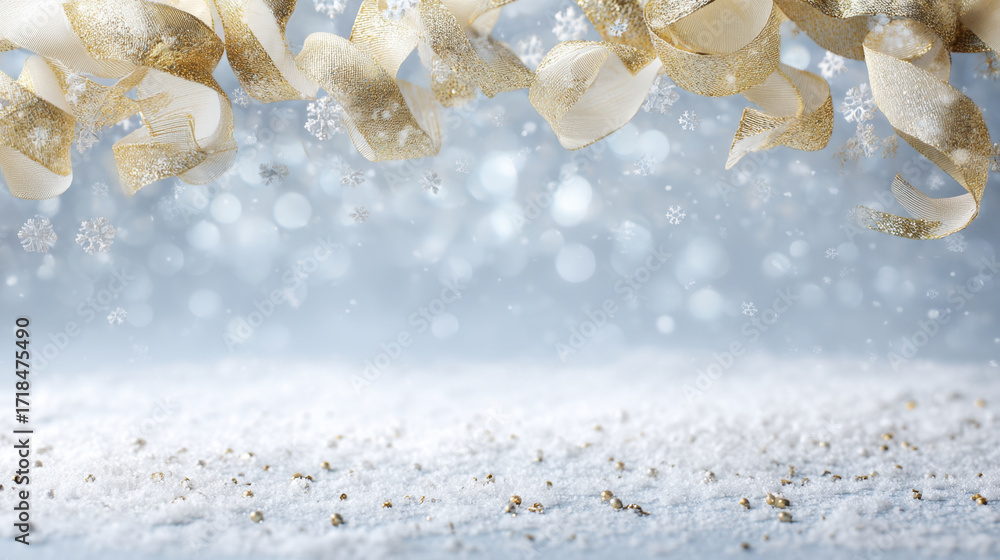 Aufkleber elegant golden ribbons float above snowy surface, creating festive atmosphere. soft bokeh effect and