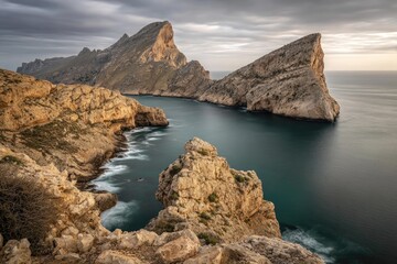 Dramatic coastal landscape with rocky cliffs and a calm sea under a cloudy sky