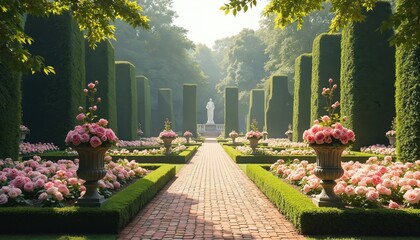 Formal English garden features geometric flower beds, tall topiaries, stone statue. Brick pathway winds through manicured plants. Roses bloom in decorative urns, creating serene, elegant landscape.
