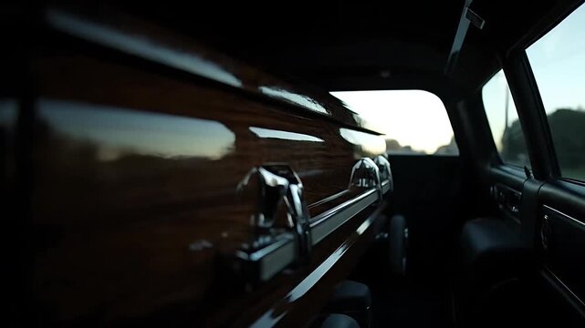 A moving hearse perspective with reflections and gentle motion