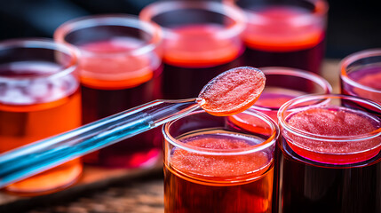 Close-up of laboratory test tubes filled with red liquid, one being sampled with a pipette