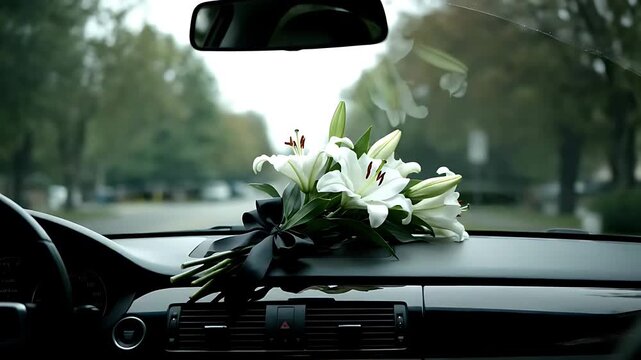 A hearse interior view with white lilies on the dashboard