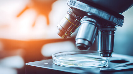 Close-up of a microscope with a petri dish on the stage, set against a blurred scientific background.