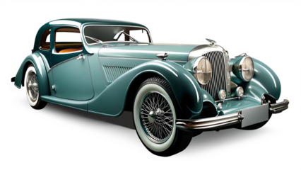 Teal vintage coupe car on white background png isolated on a transparent background