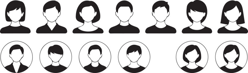 faceless silhouette avatar pack in simplified grayscale style for app icons, profiles, and branding projects