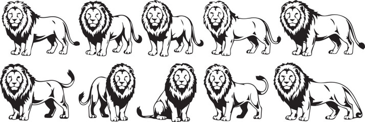 collection of monochrome lion vectors strong poses mane anatomy stylized emblem mascot and logo ready ai eps