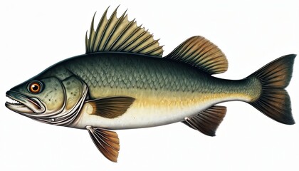 Obraz premium Detailed illustration of lingcod, Ophiodon elongatus, also known as buffalo cod cultus cod. Marine fish from Hexagrammidae family distinctive fins, scales, sharp teeth. Rendered against clean white