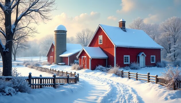 Idyllic snowy rural landscape features red farmhouse, barn with snow-covered roofs. Dirt path winds through winter scenery, bordered by rustic wooden fence, frosted trees. Serene countryside setting