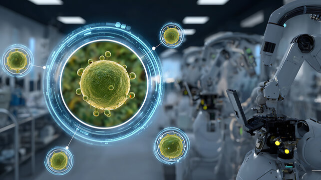 Digital visualization of virus particles in a high-tech laboratory with robotic equipment