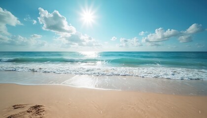 Obraz premium Sunny summer beach scene with turquoise waves washing onto sandy shore. Bright sun shines in blue sky with clouds. Wide open space perfect for banners and summer vacation themes.