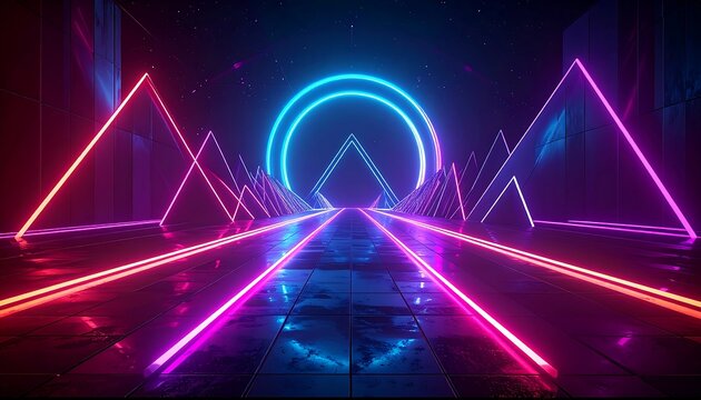 Glowing neon path, vibrant colors, futuristic landscape