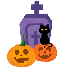 Halloween PNG Element of Gravestone with Black Cat and Pumpkin. PNG Halloween element with gravestone, black cat, and pumpkin decoration.