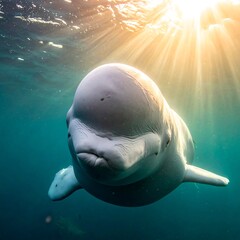 Naklejka premium Whale swimming underwater, sun rays