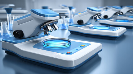 Modern laboratory microscopes with blue lighting and glassware in a clean scientific environment