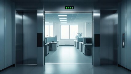 Office interior with elevator and open workspace