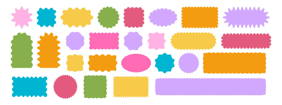 Set of colorful round and oval, rectangular and square, arch shapes with curvy edges. Cute geometric forms with scalloped borders. Empty textboxes, stickers, tags or labels. Vector flat illustration.