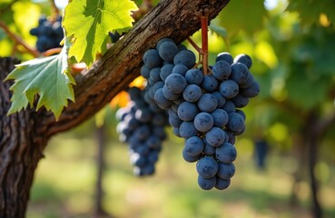 Vineyard with ripe purple grapes on sunny autumn day. Close-up on juicy bunch hanging from grapevine. Rows of plants in Japanese winery landscape, traditional agriculture, scenic countryside.