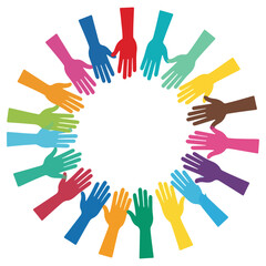 Hands of different colors forming a circle of unity.